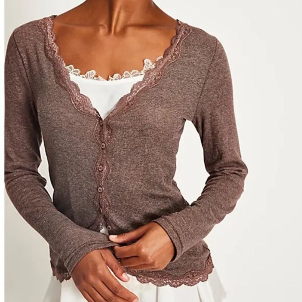 NWOT Free People Intimately Big Love Lace Trim Cardi in Coco Heather